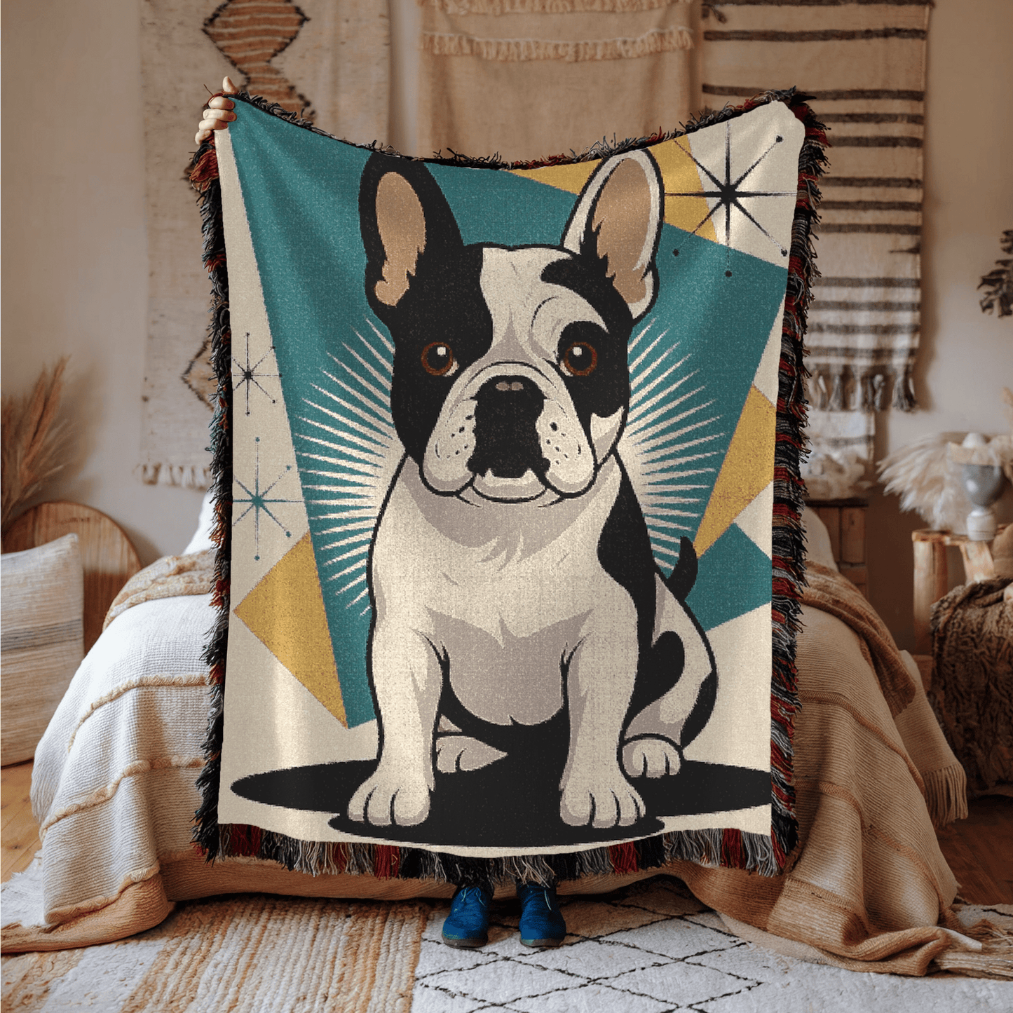 Printify Blanket Piebald French Bulldog Atomic Mid Century Modern Throw Blanket