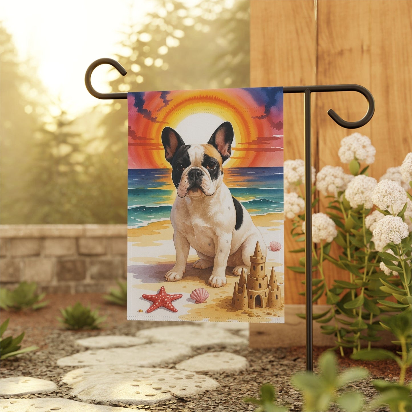 Printify Garden Flag Piebald French Bulldog Beach Garden Flag