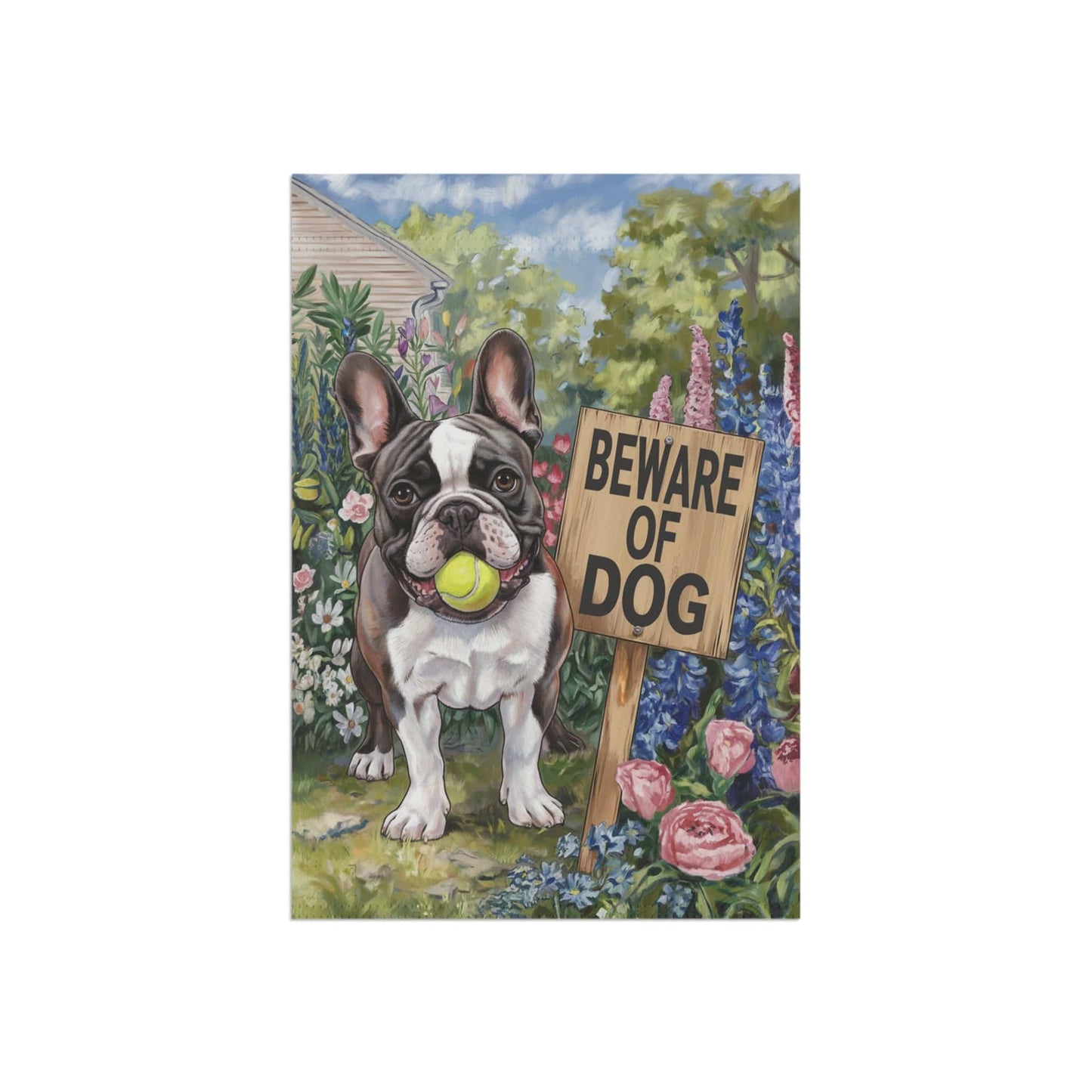 Printify Garden Flag Piebald French Bulldog Beware Garden Flag