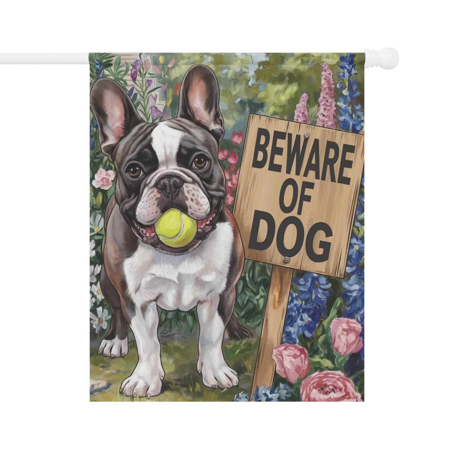 Printify Garden Flag Piebald French Bulldog Beware Garden Flag