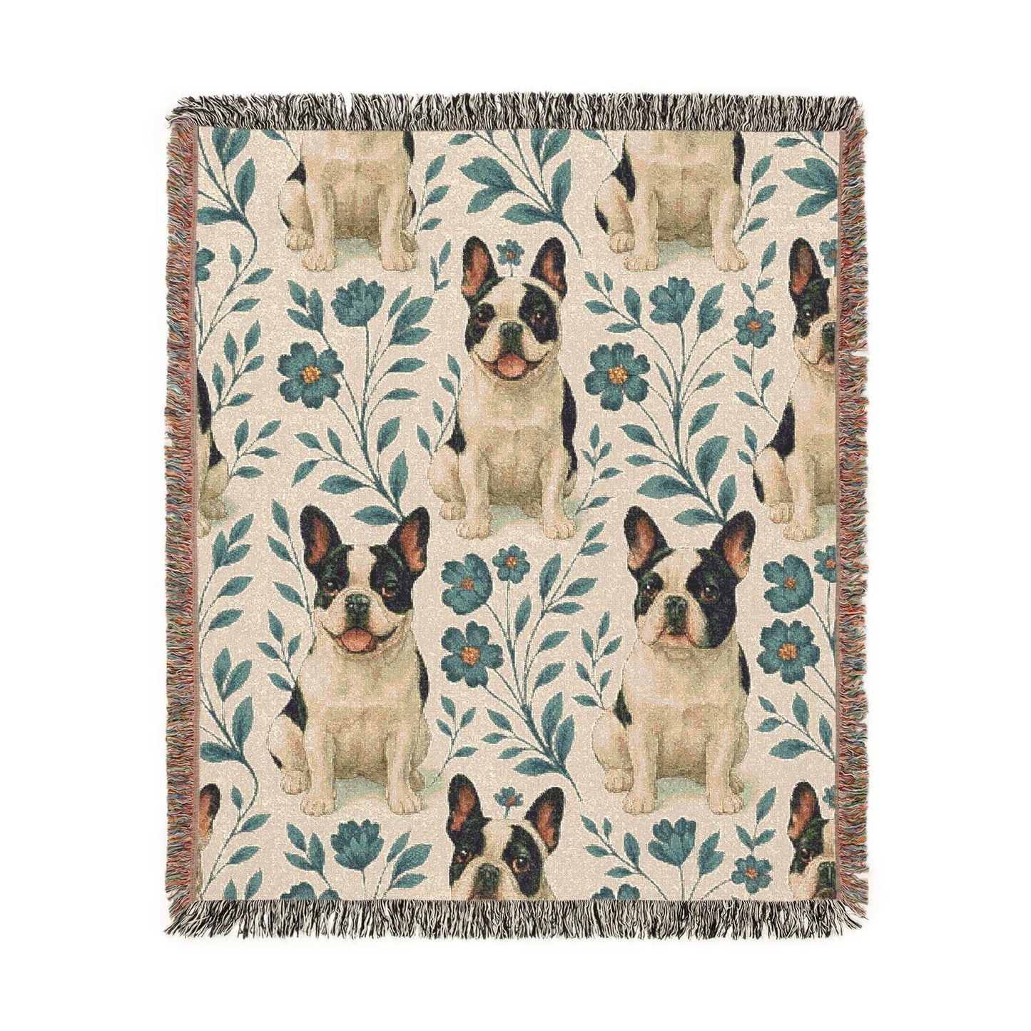 Printify Blanket Piebald French Bulldog Blue Floral Throw Blanket