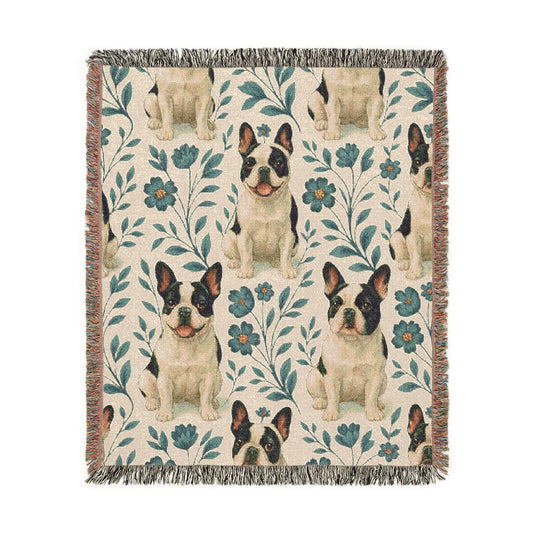 Piebald French Bulldog Blue Floral Throw Blanket
