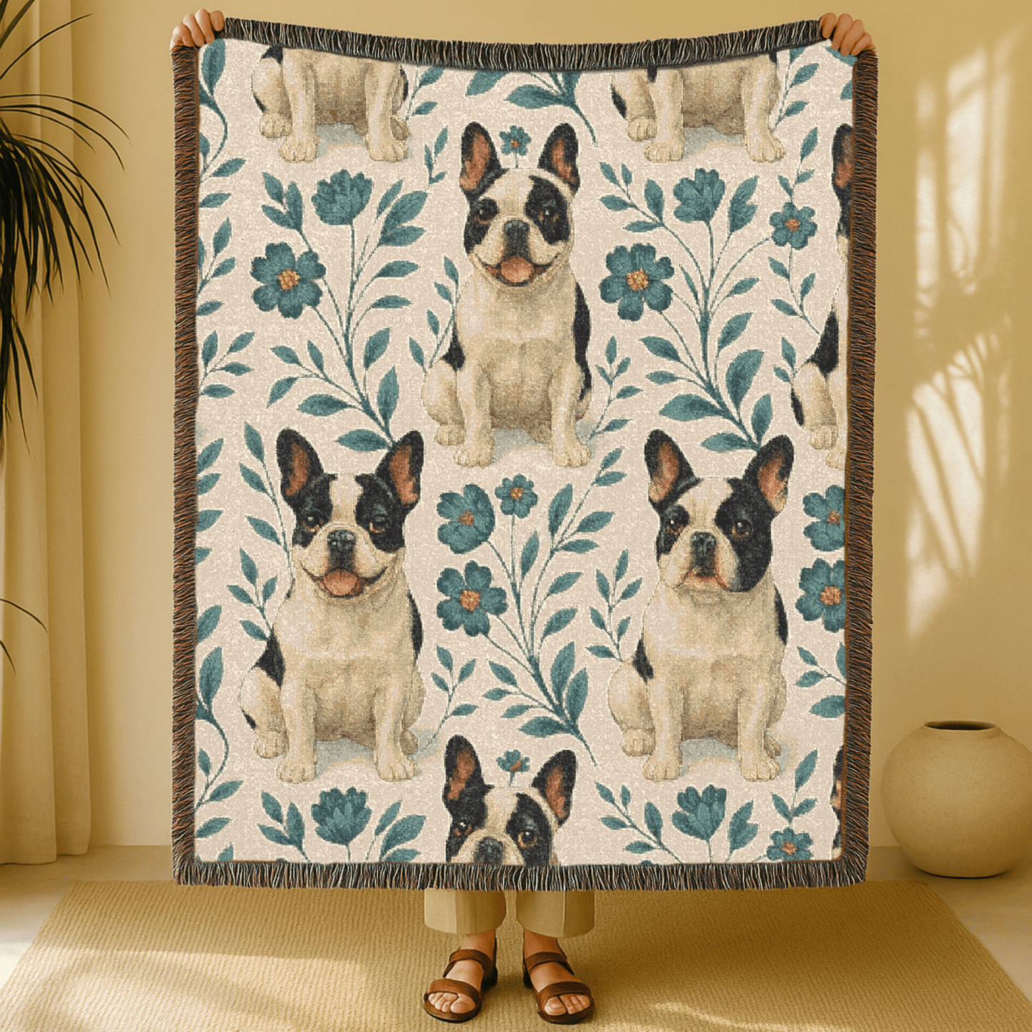 Printify Blanket Piebald French Bulldog Blue Floral Throw Blanket