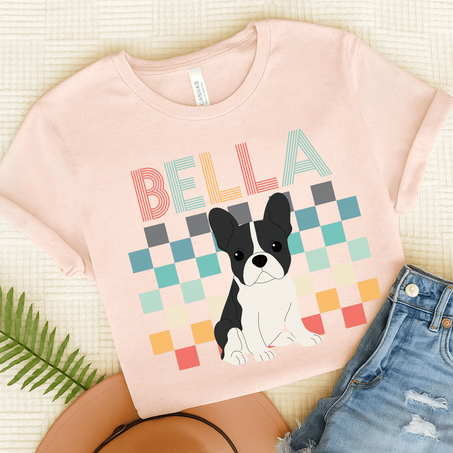 Printify T-Shirt Soft Pink / S Piebald French Bulldog Checkered Tee