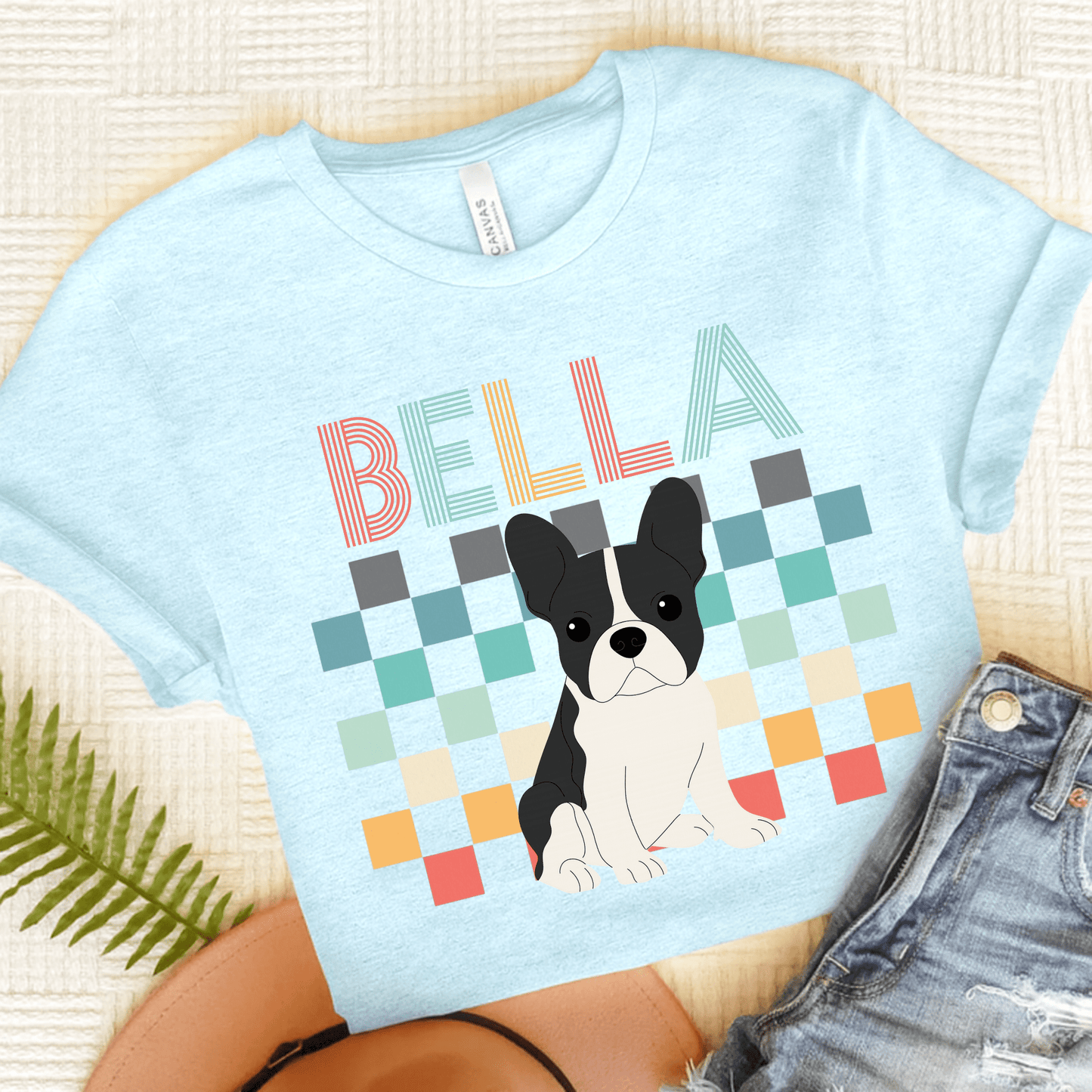 Printify T-Shirt Heather Ice Blue / S Piebald French Bulldog Checkered Tee