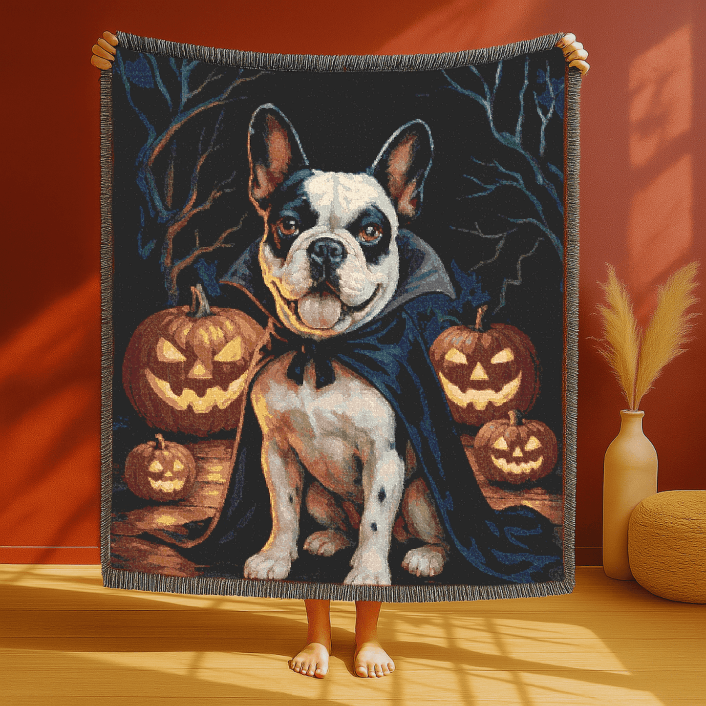Printify Blanket Piebald French Bulldog Halloween Woven Blanket