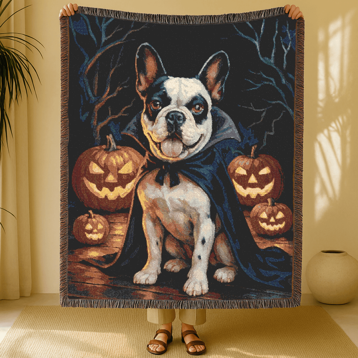 Printify Blanket Piebald French Bulldog Halloween Woven Blanket