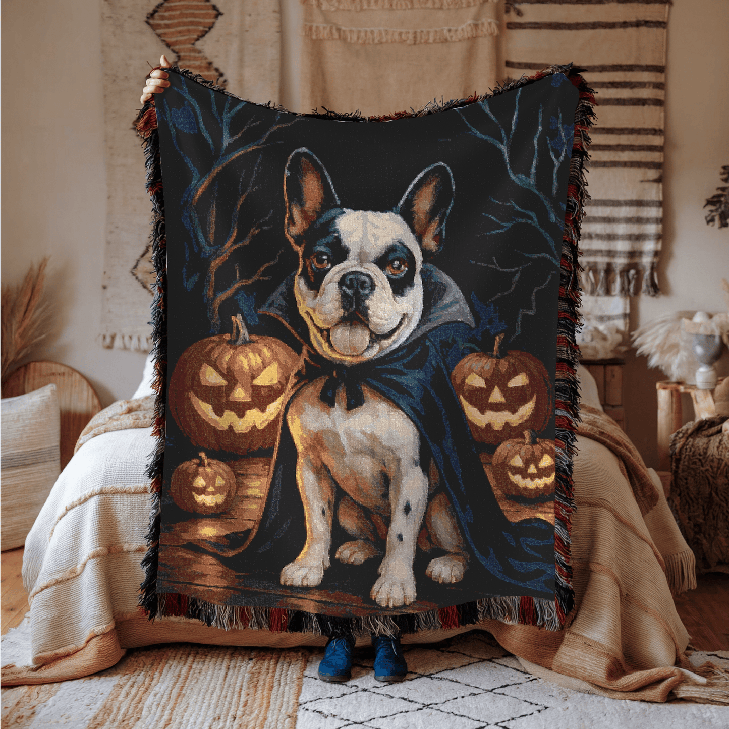 Printify Blanket Piebald French Bulldog Halloween Woven Blanket
