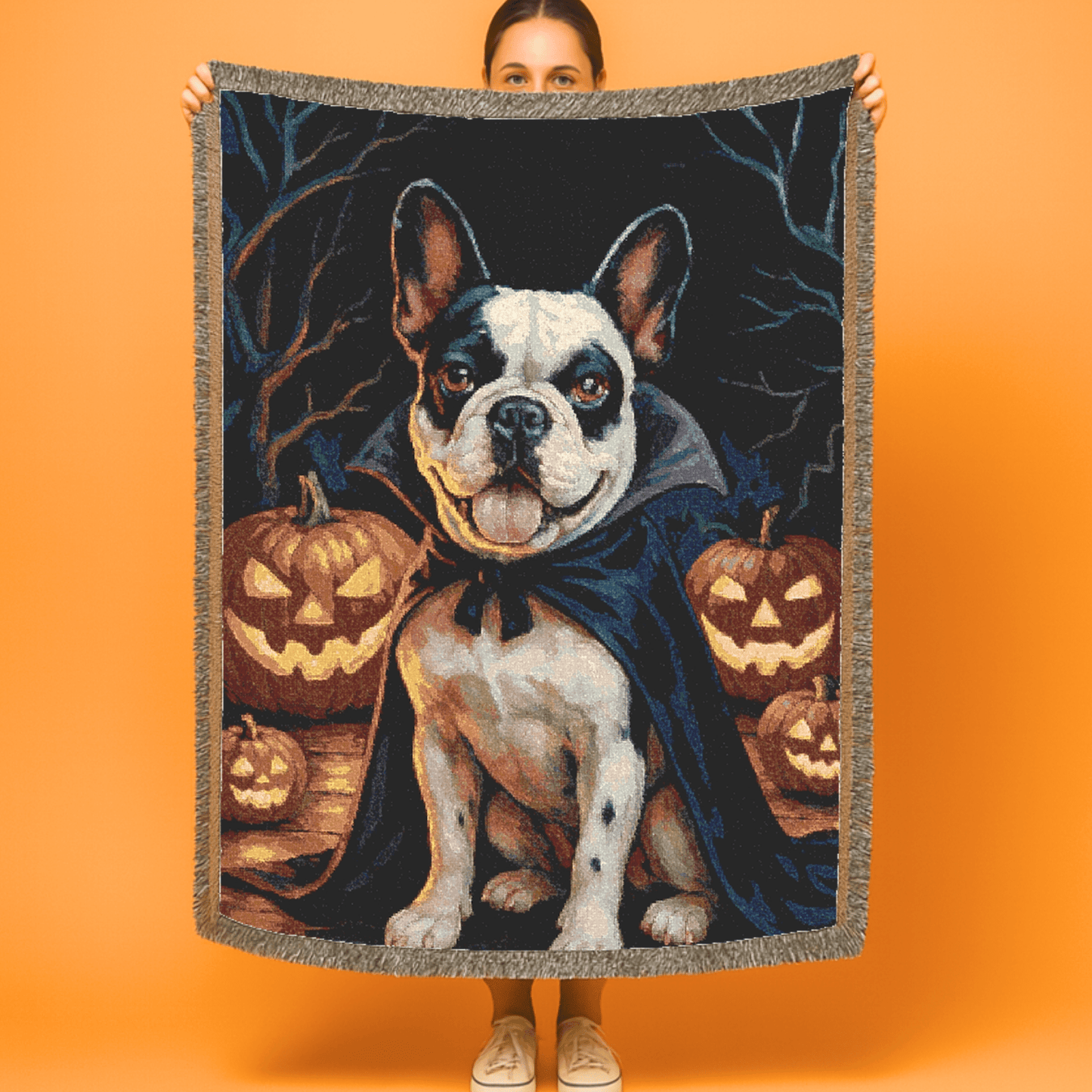 Printify Blanket Piebald French Bulldog Halloween Woven Blanket