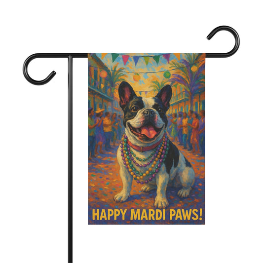 Piebald French Bulldog Mardi Gras Paws Garden Flag