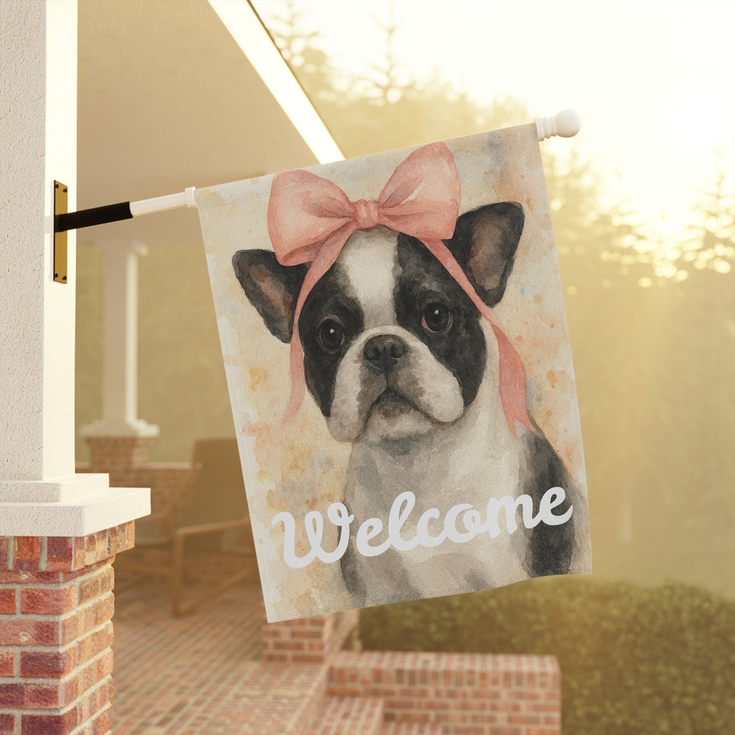 Piebald French Bulldog Pink Coquette Garden Flag