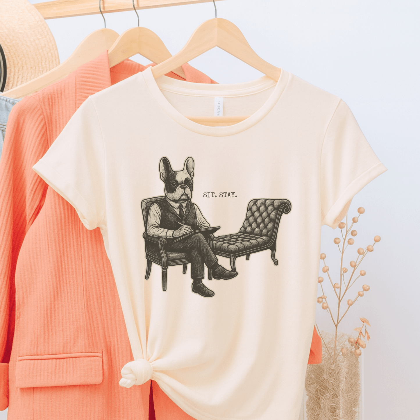 Printify T-Shirt Natural / S Piebald French Bulldog Sit Stay TShirt