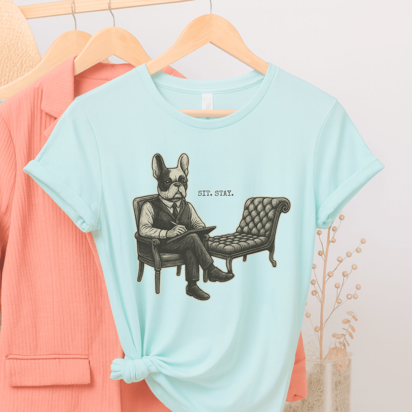 Printify T-Shirt Heather Ice Blue / S Piebald French Bulldog Sit Stay TShirt
