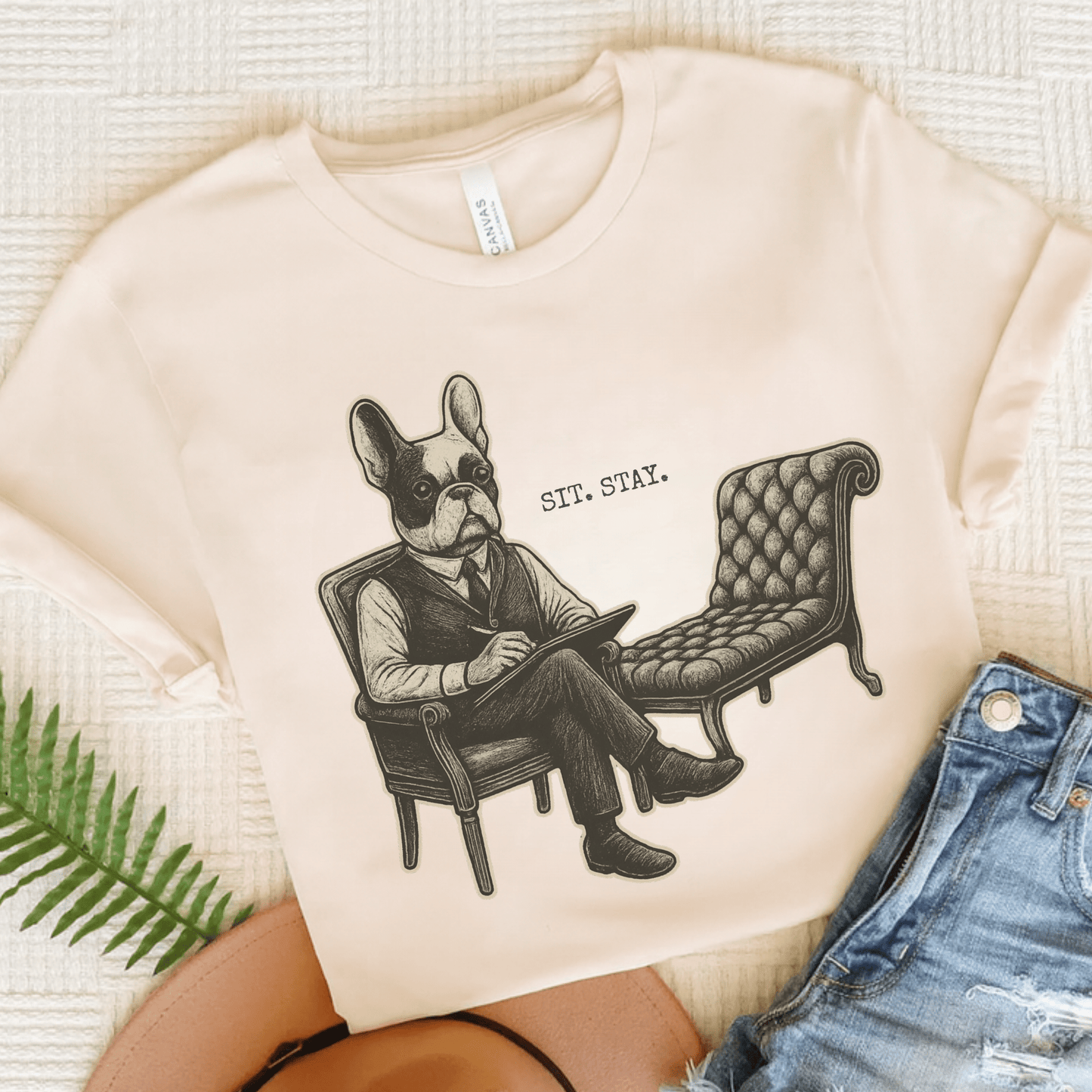 Printify T-Shirt Piebald French Bulldog Sit Stay TShirt