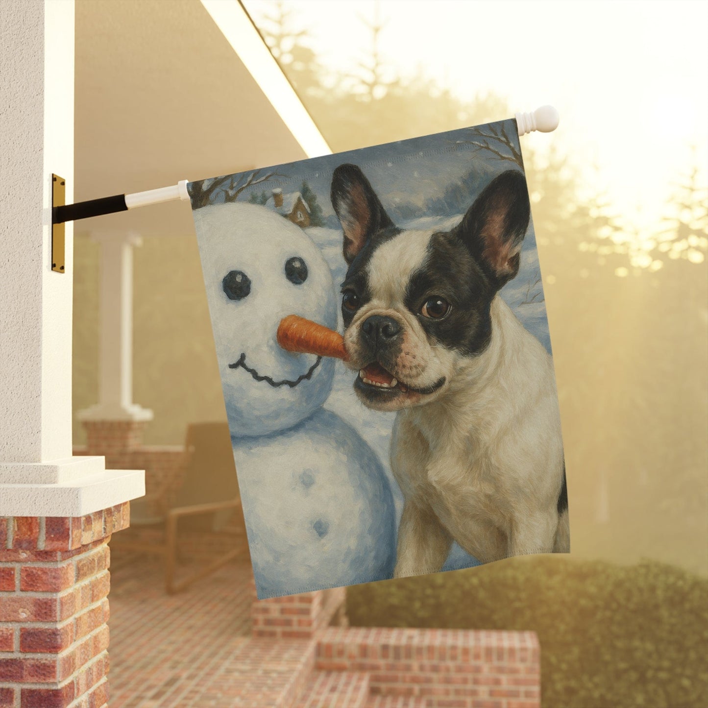Piebald French Bulldog Snowman Garden Flag