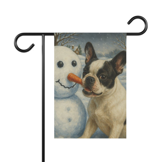 Piebald French Bulldog Snowman Garden Flag