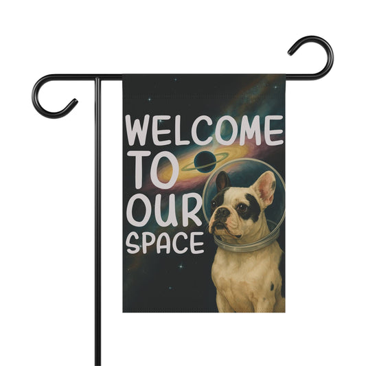 Piebald French Bulldog Space Garden Flag