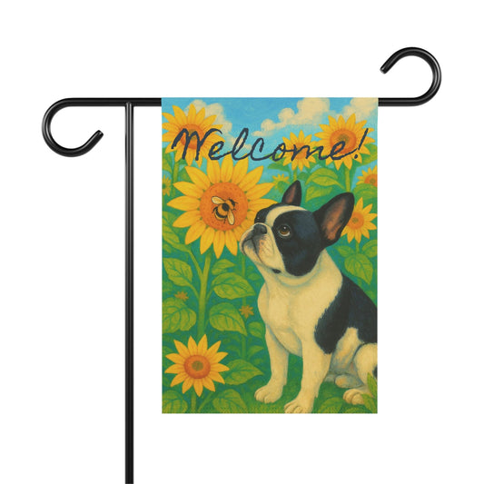 Piebald French Bulldog Sunflower Garden Flag
