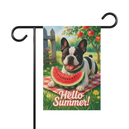 Piebald French Bulldog Watermelon Garden Flag