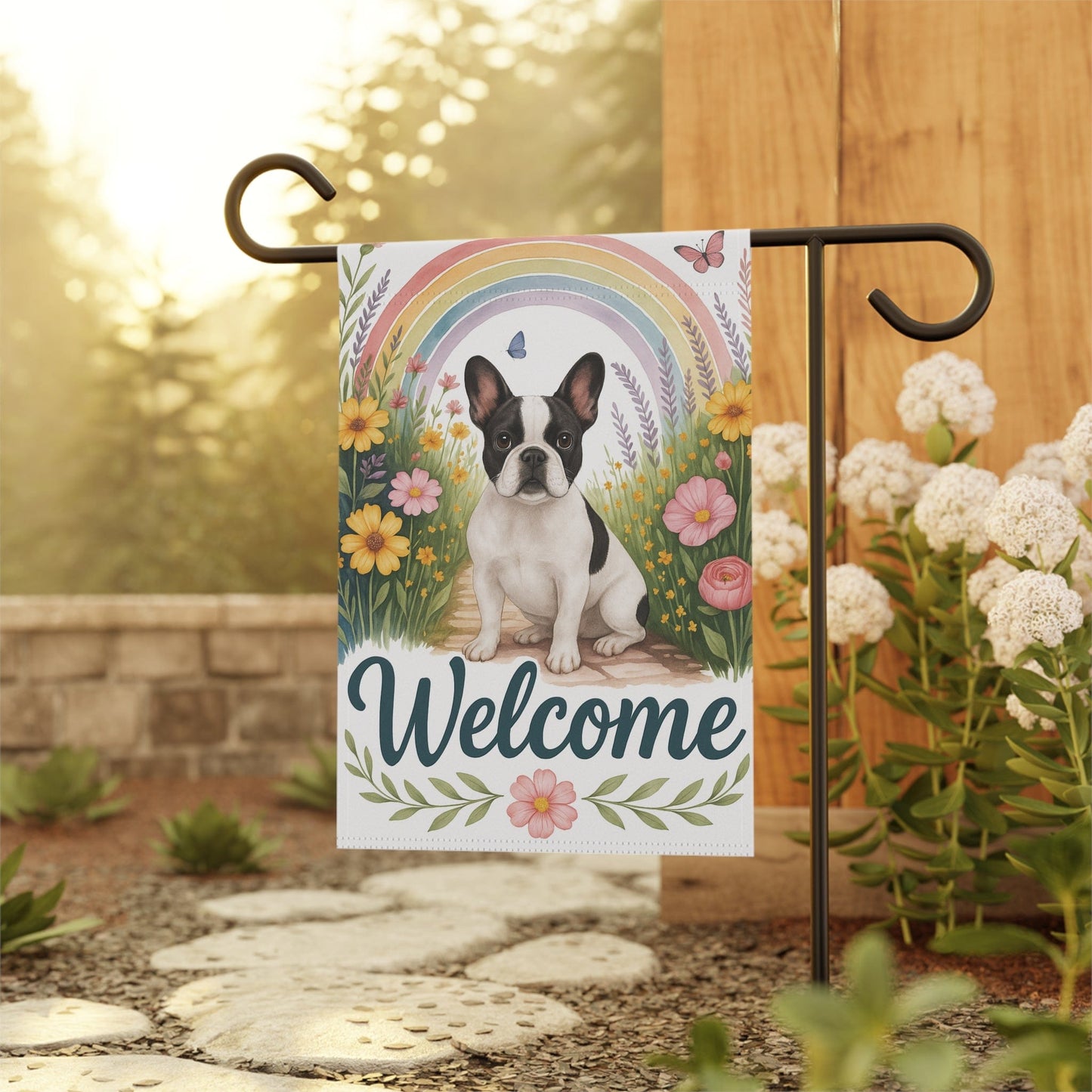 Printify Garden Flag Piebald French Bulldog Welcome Garden Flag