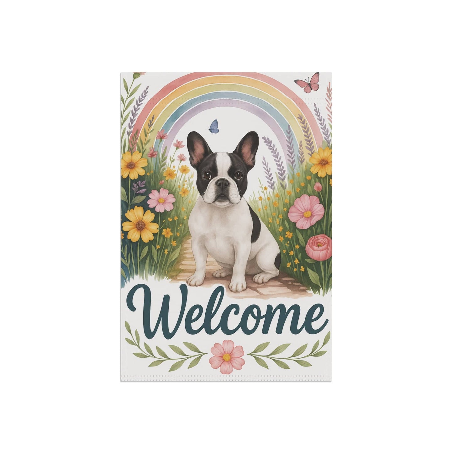 Printify Garden Flag Piebald French Bulldog Welcome Garden Flag