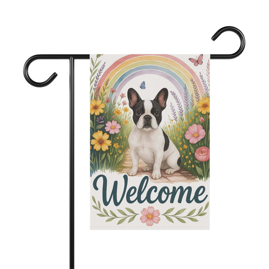 Piebald French Bulldog Welcome Garden Flag