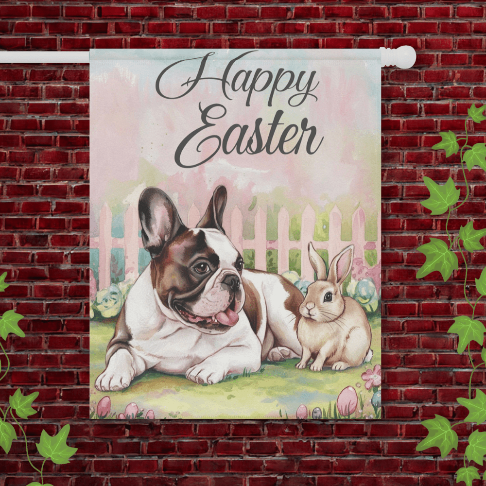 Printify Garden Flag 24.5'' × 32'' Piebald Frenchie Easter Garden Flag