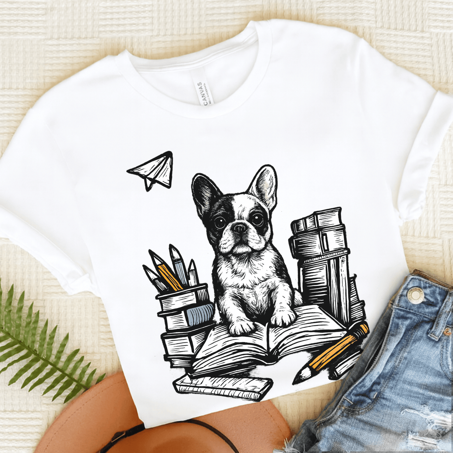 Piebald Frenchie Linocut 1st Day of School Unisex TShirt White