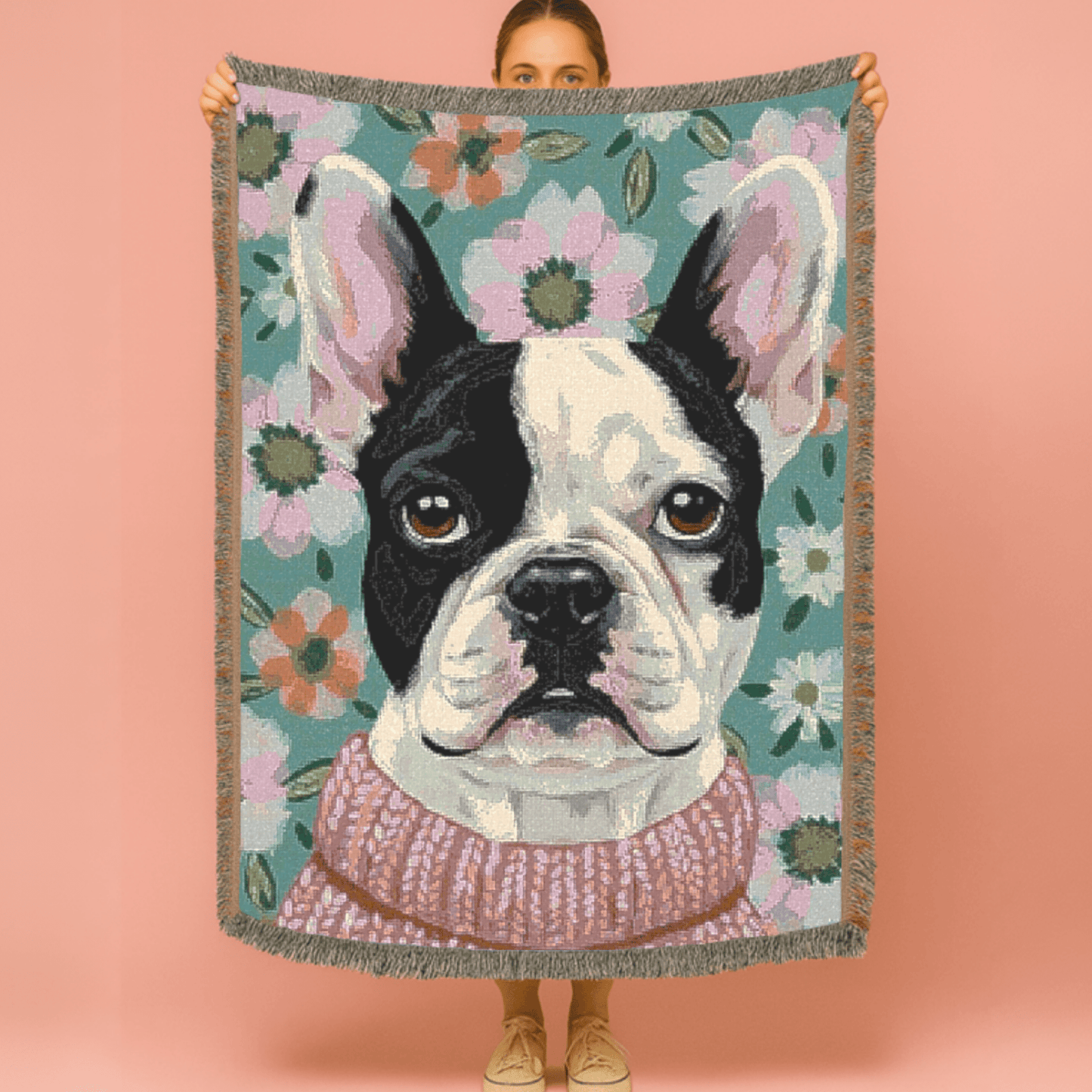 Piebald Frenchie Spring Flowers Woven Blanket