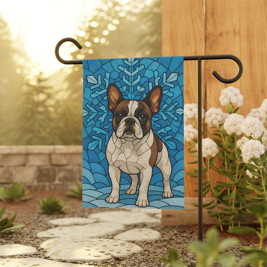 Piebald Frenchie Stained Glass Winter Garden Yard Flag