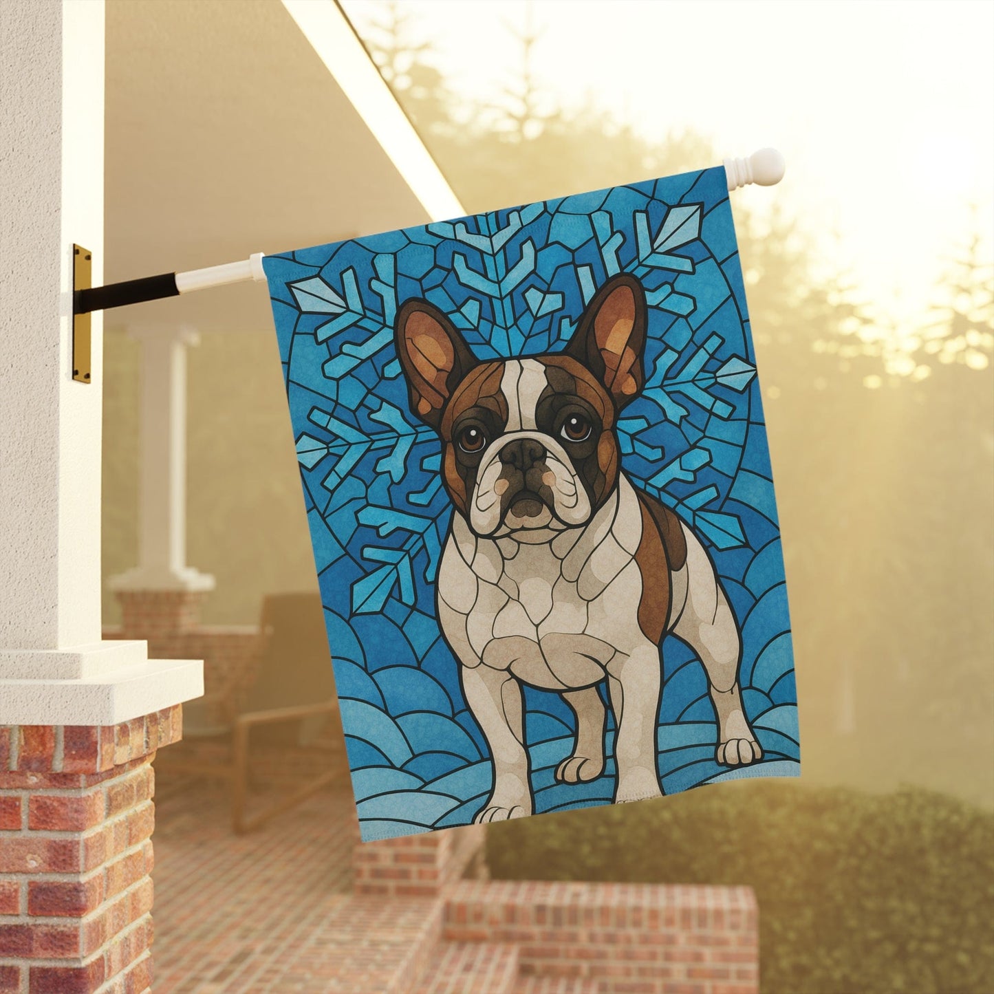 Piebald Frenchie Stained Glass Winter Garden Yard Flag