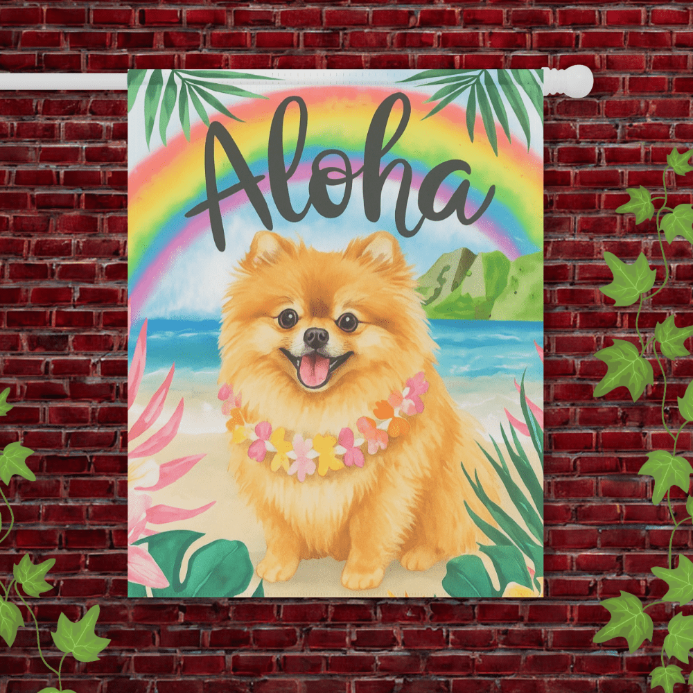 Printify Garden Flag 24.5'' × 32'' Pomeranian Dog Aloha Luau Garden Flag