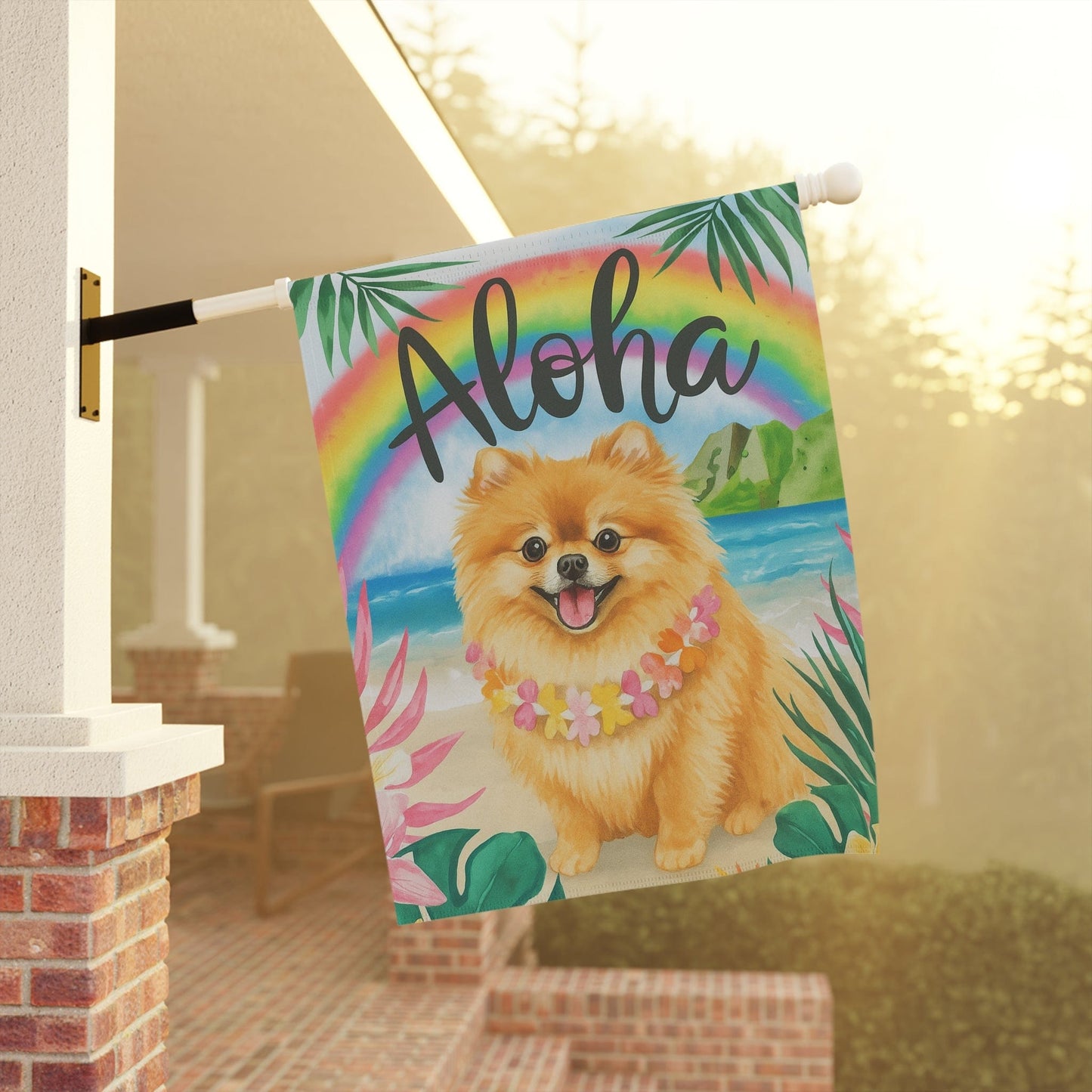Pomeranian Dog Aloha Luau Garden Flag