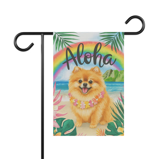 Pomeranian Dog Aloha Luau Garden Flag