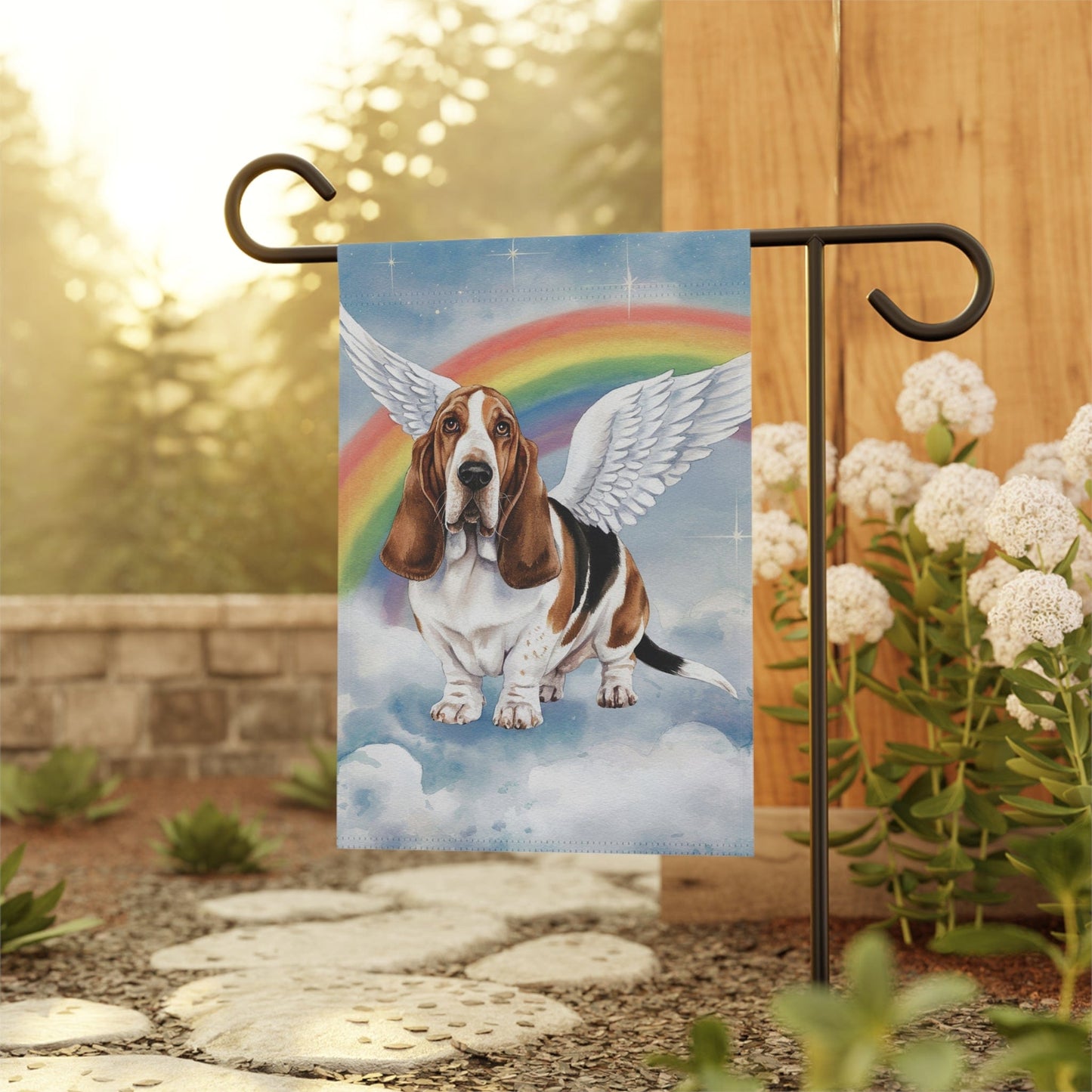 Printify Home Decor Rainbow Bridge Basset Hound, Loss of Pet Garden Flag, Front Yard Spring Decor, Grieving Dog Memorial