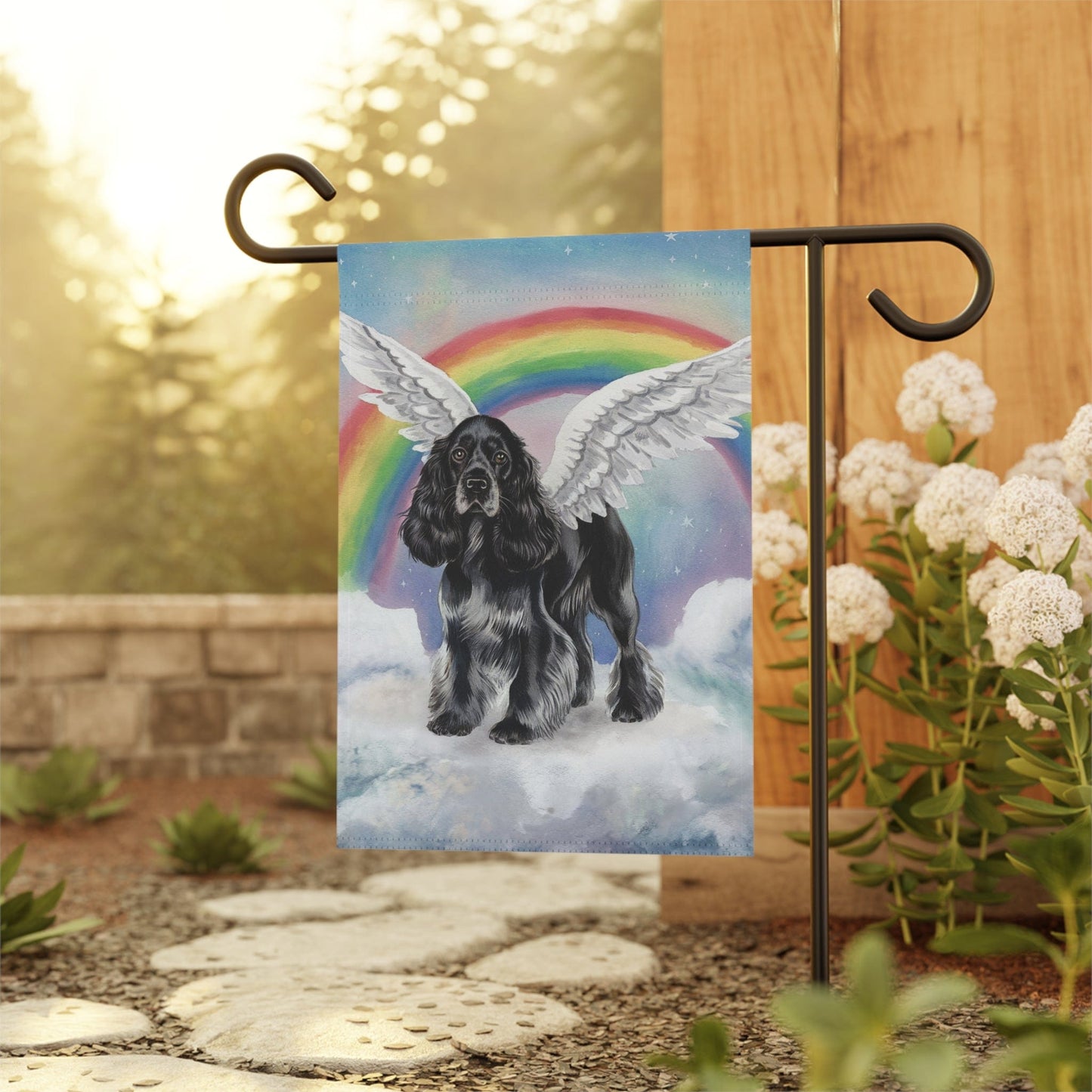 Printify Home Decor Rainbow Bridge Black Cocker Spaniel, Loss of Pet Garden Flag, Yard Spring Decor