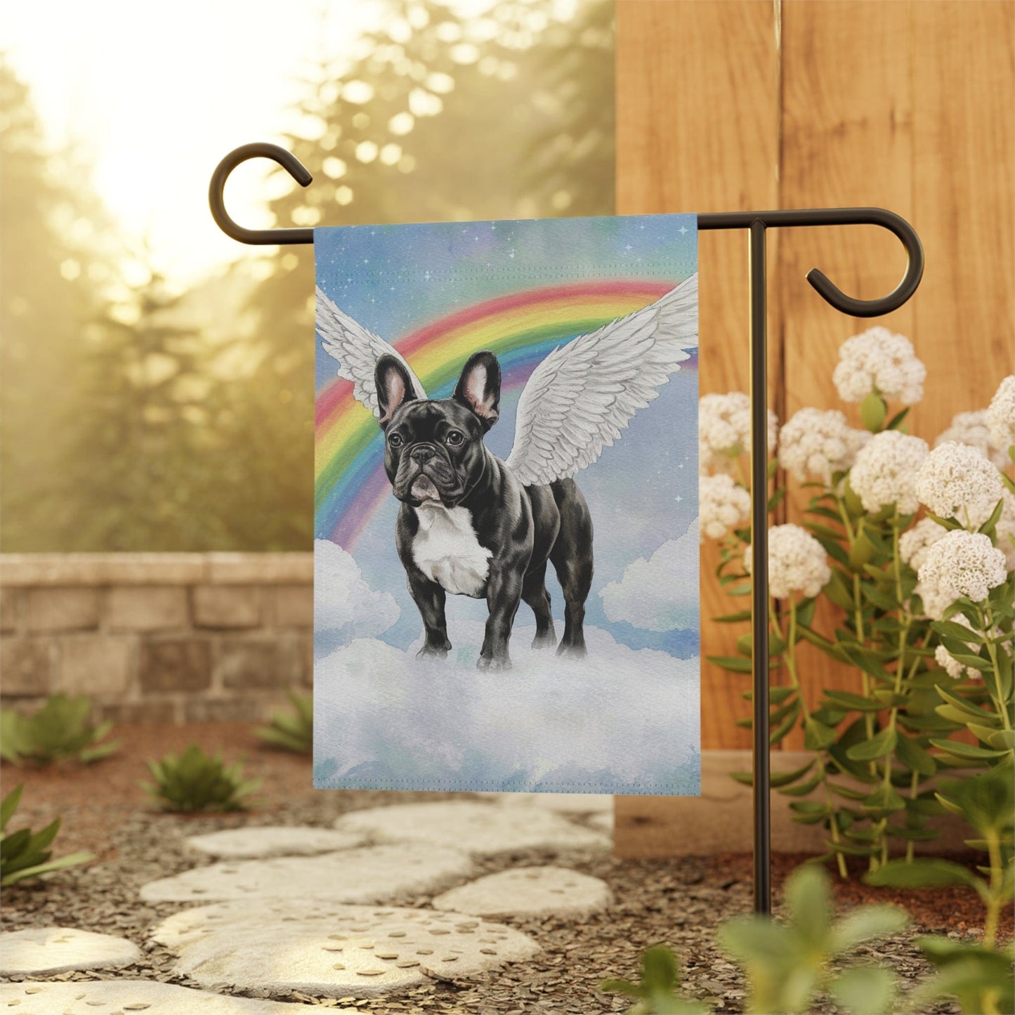 Printify Home Decor Rainbow Bridge Black French Bulldog, Loss of Pet Garden Flag, Yard Spring Decor, Grieving Dog Memorial