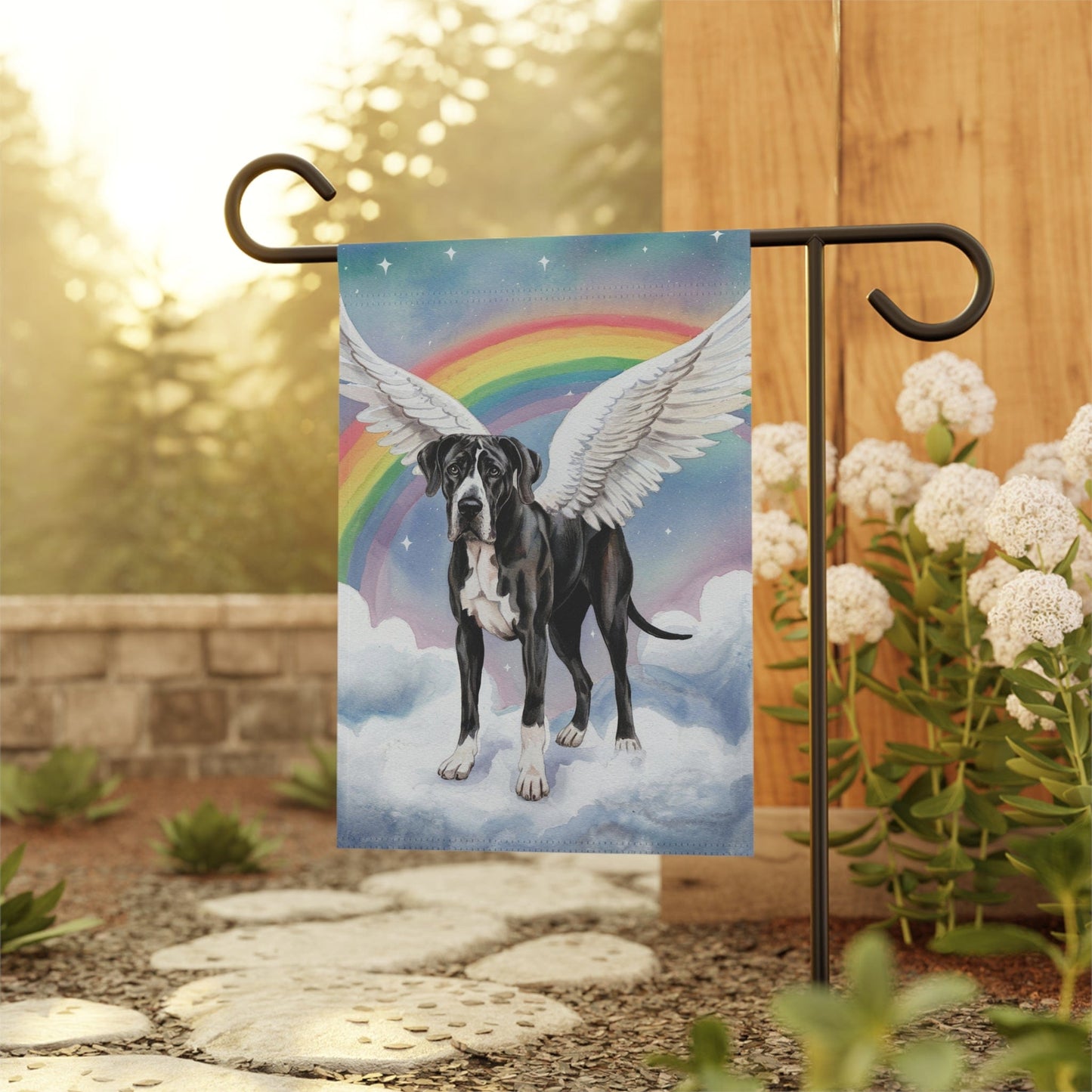 Printify Home Decor Rainbow Bridge Black Great Dane, Loss of Pet Garden Flag, Yard Spring Decor, Grieving Dog Memorial