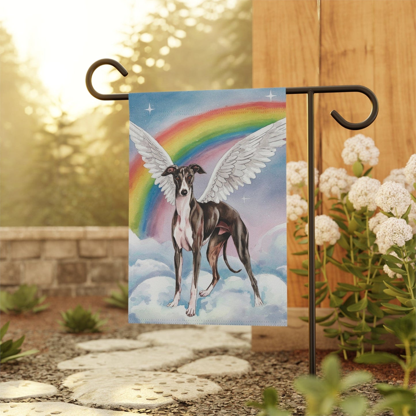 Printify Home Decor Rainbow Bridge Black Greyhound, Loss of Pet Garden Flag, Yard Spring Decor, Grieving Dog Memorial