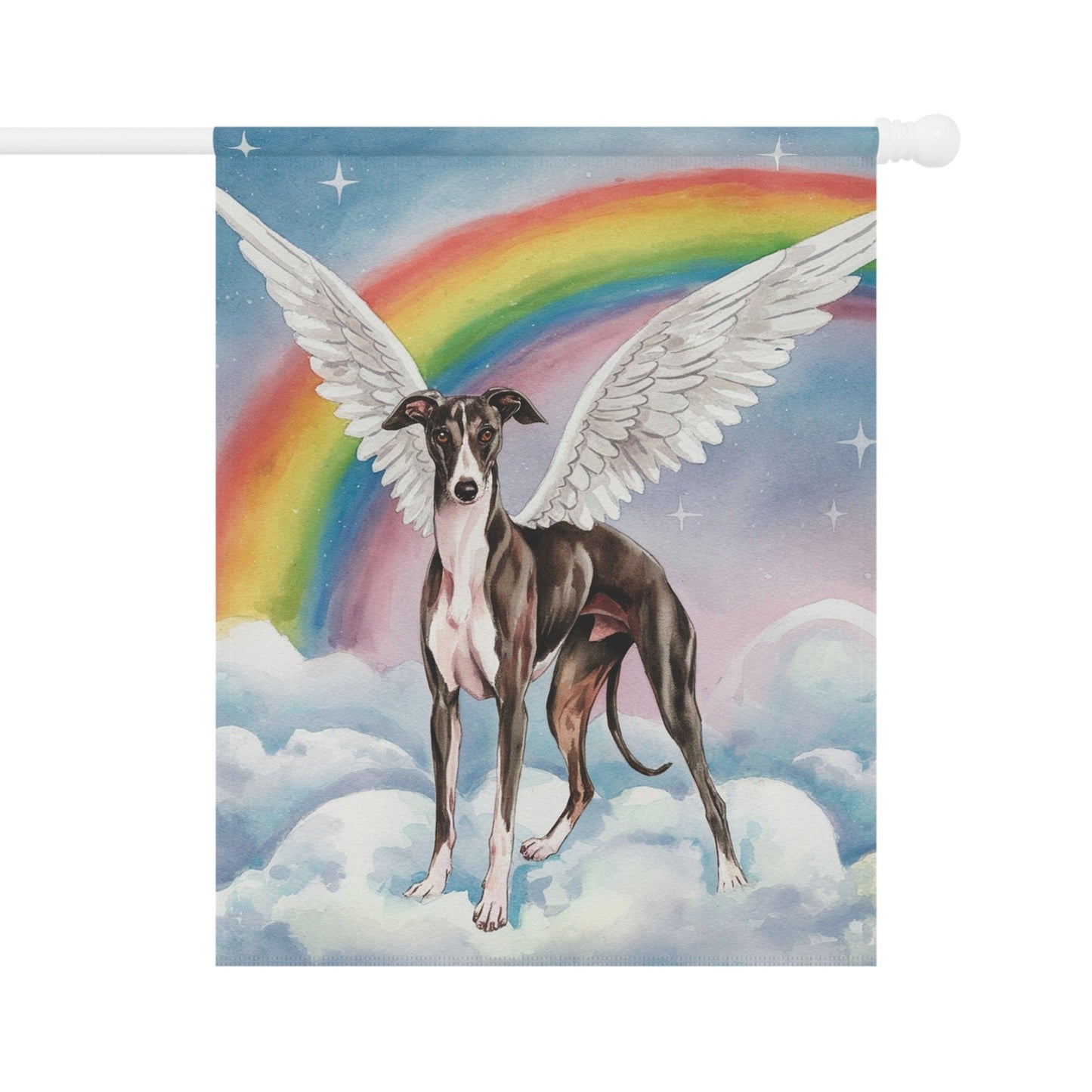 Printify Home Decor 24.5'' × 32'' Rainbow Bridge Black Greyhound, Loss of Pet Garden Flag, Yard Spring Decor, Grieving Dog Memorial
