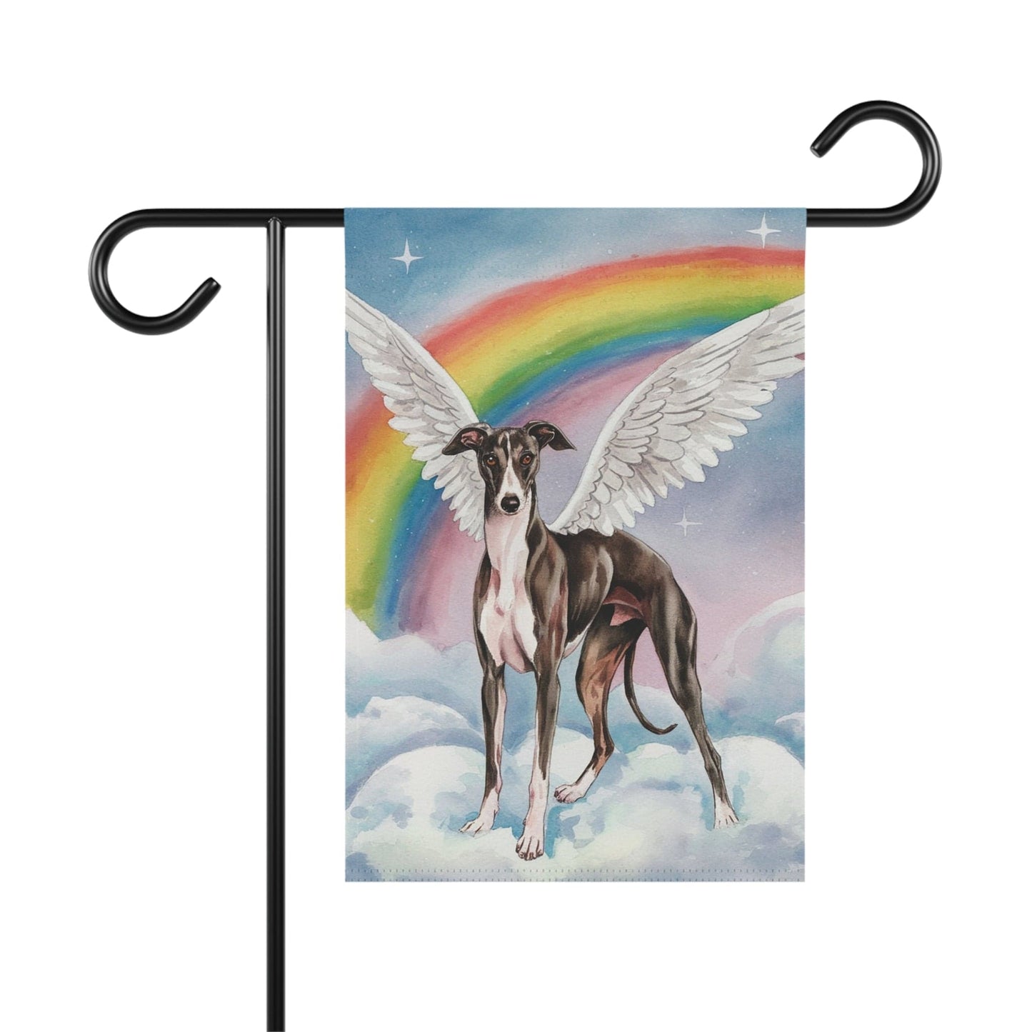 Printify Home Decor 12'' × 18'' Rainbow Bridge Black Greyhound, Loss of Pet Garden Flag, Yard Spring Decor, Grieving Dog Memorial