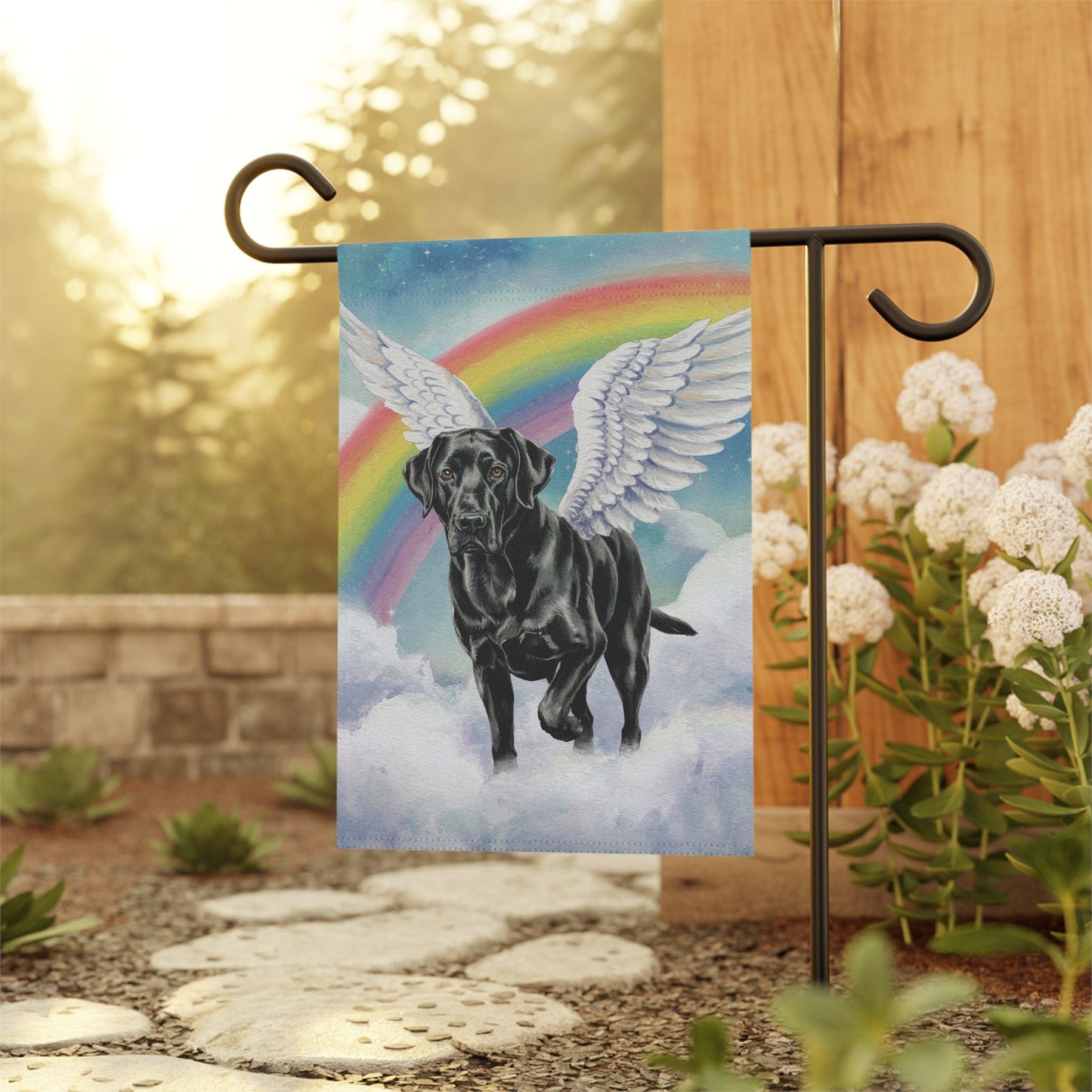 Printify Home Decor Rainbow Bridge Black Labrador, Loss of Pet Garden Flag, Yard Spring Decor, Grieving Dog Memorial