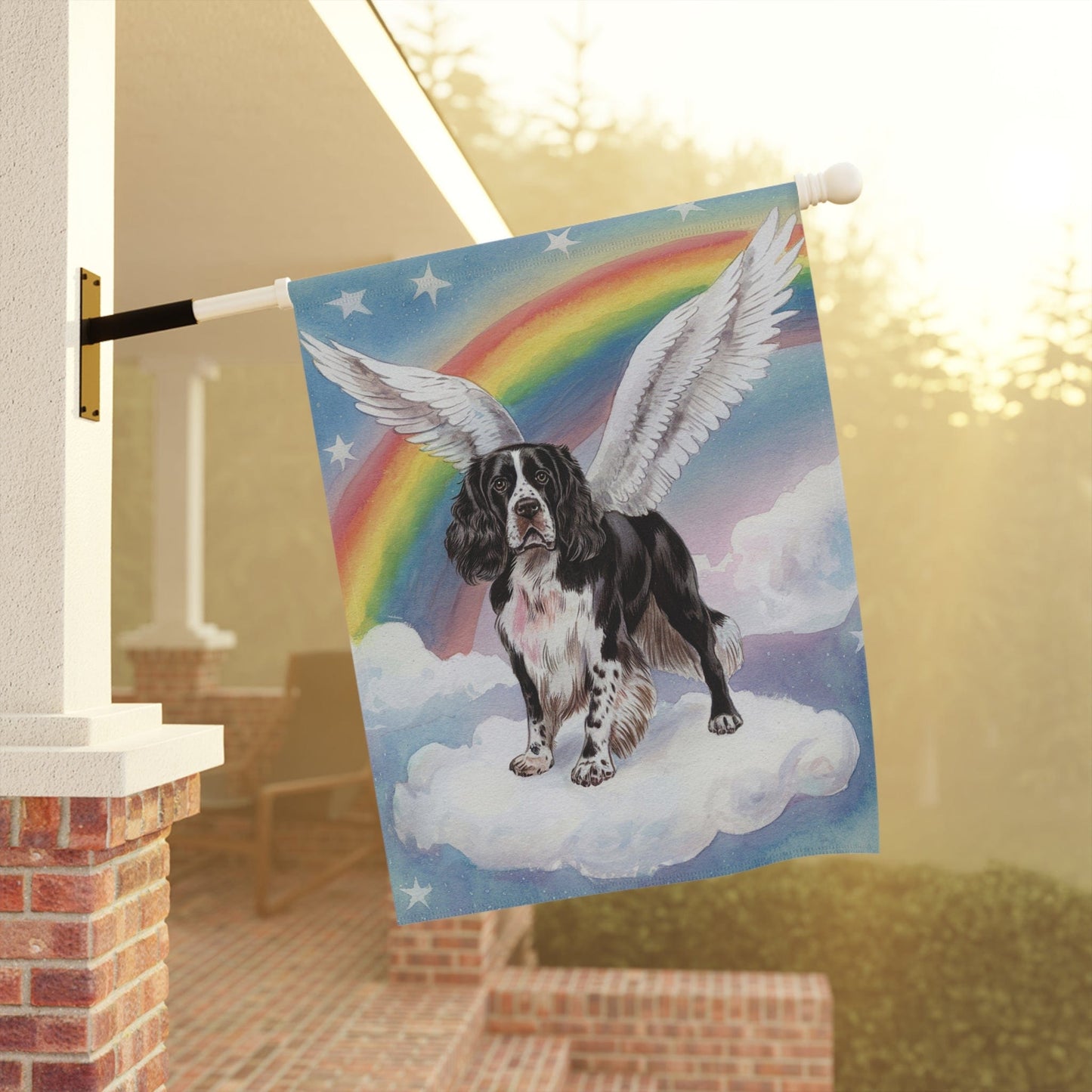 Printify Home Decor Rainbow Bridge Black Springer Spaniel, Pet Memorial Garden Flag, Front Yard Spring Decor