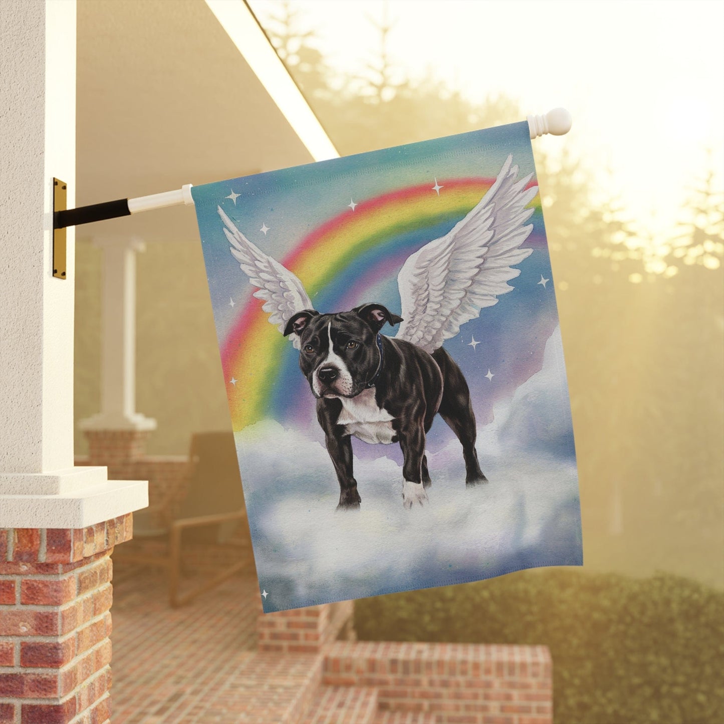 Printify Home Decor Rainbow Bridge Black Staffordshire Bull Terrier, Loss of Pet Garden Flag, Yard Decor, Grieving Gardener