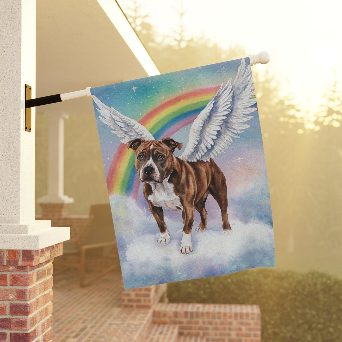 Printify Home Decor Rainbow Bridge Brown Staffordshire Bull Terrier Garden Flag, Angel Dog Portrait, Front Yard Decor, Grieving Pet Loss