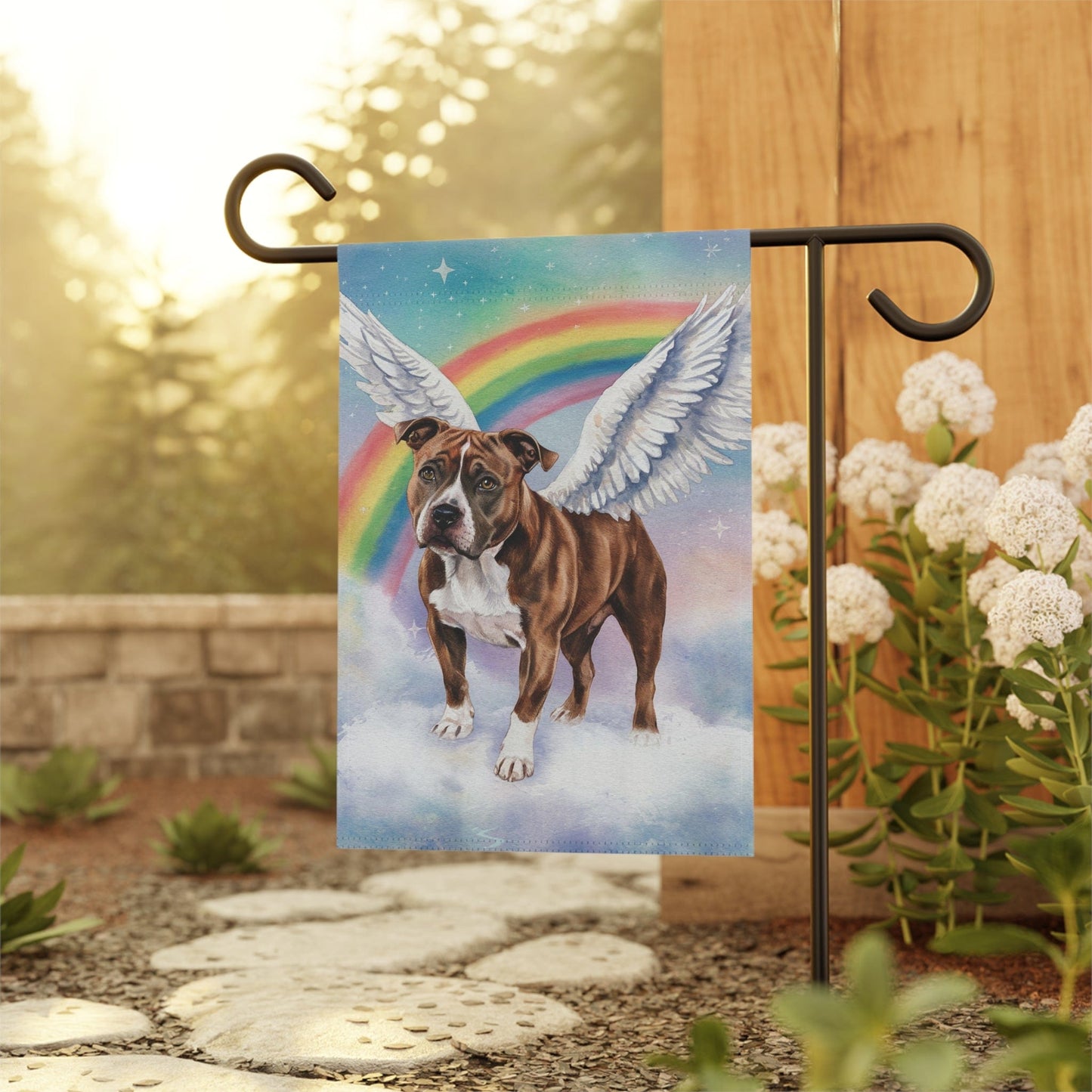 Printify Home Decor Rainbow Bridge Brown Staffordshire Bull Terrier Garden Flag, Angel Dog Portrait, Front Yard Decor, Grieving Pet Loss