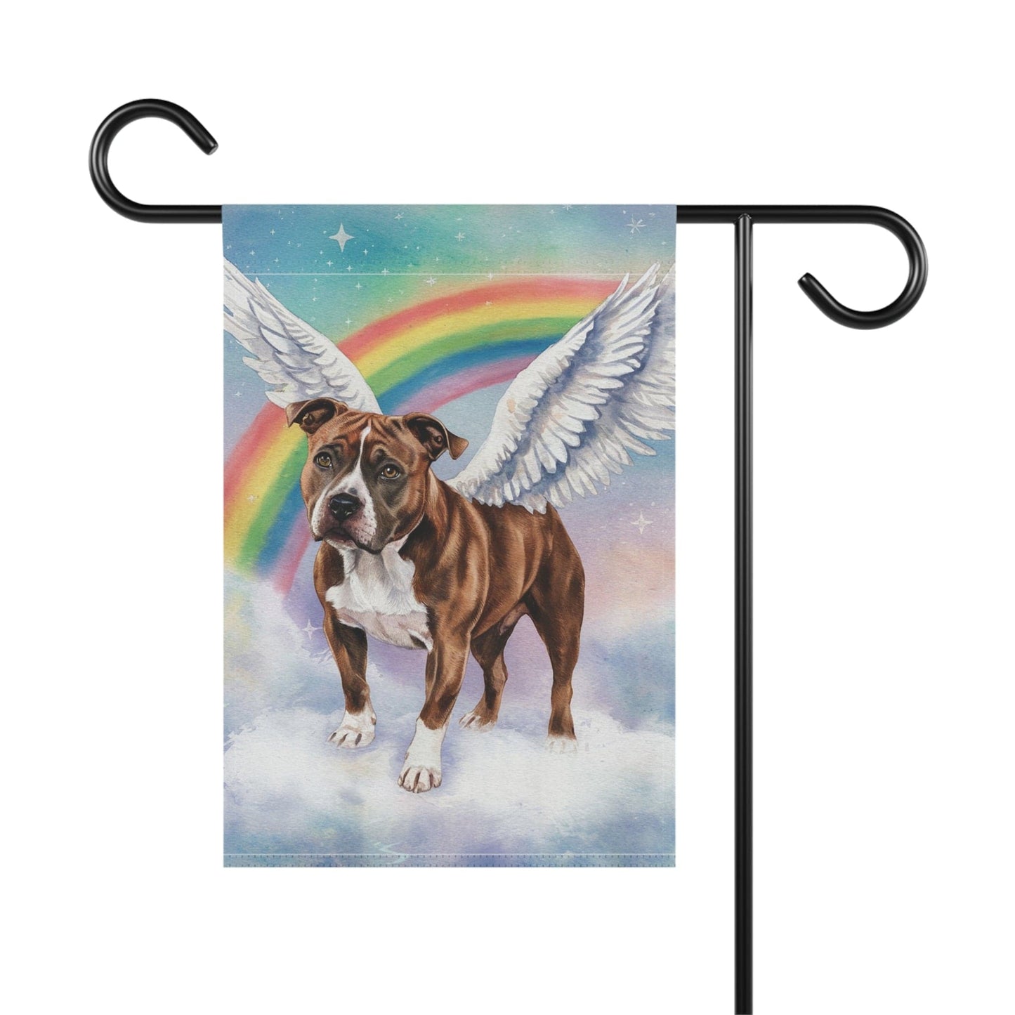 Printify Home Decor Rainbow Bridge Brown Staffordshire Bull Terrier Garden Flag, Angel Dog Portrait, Front Yard Decor, Grieving Pet Loss