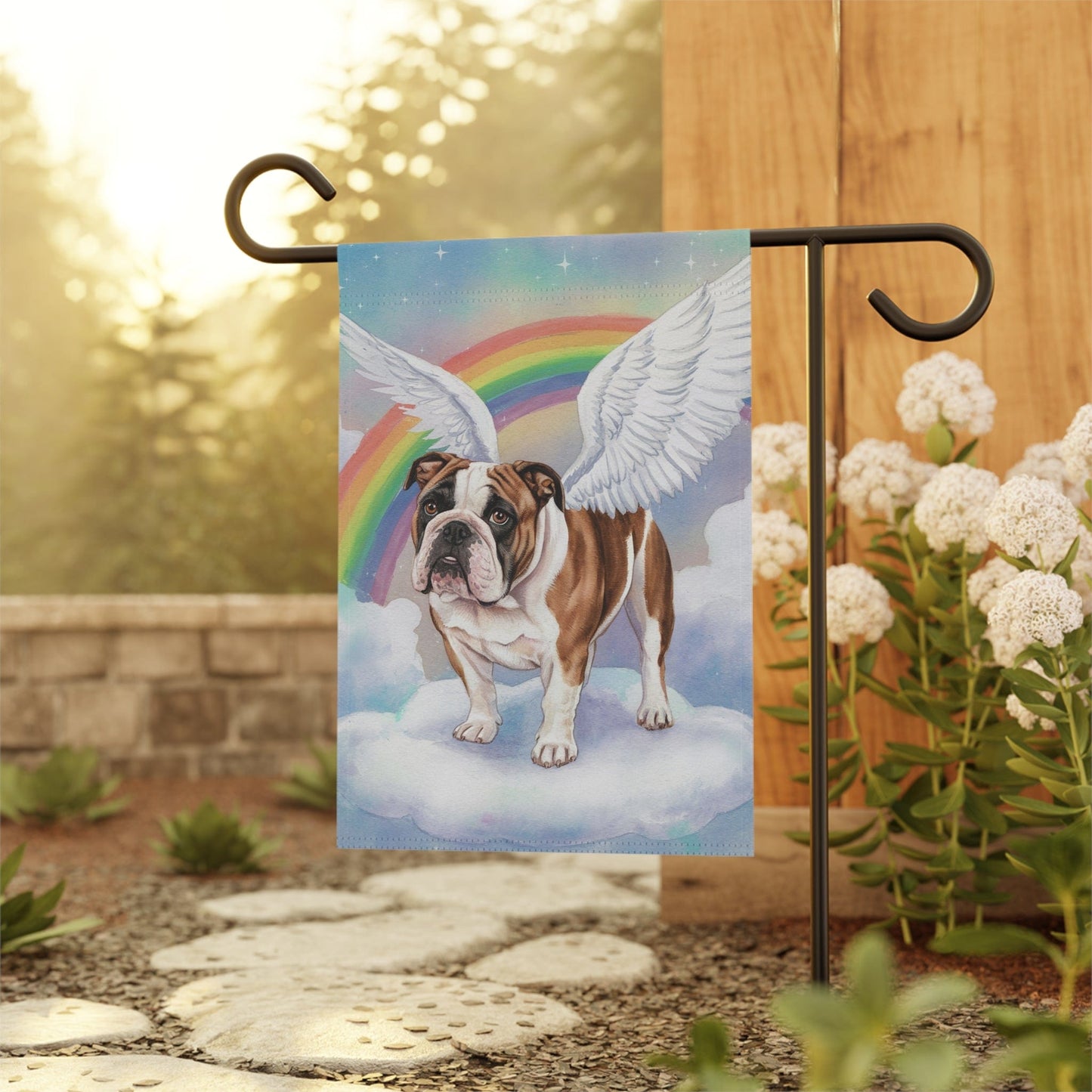 Printify Home Decor Rainbow Bridge English Bulldog, Loss of Pet Garden Flag, Yard Spring Decor, Grieving Dog Memorial
