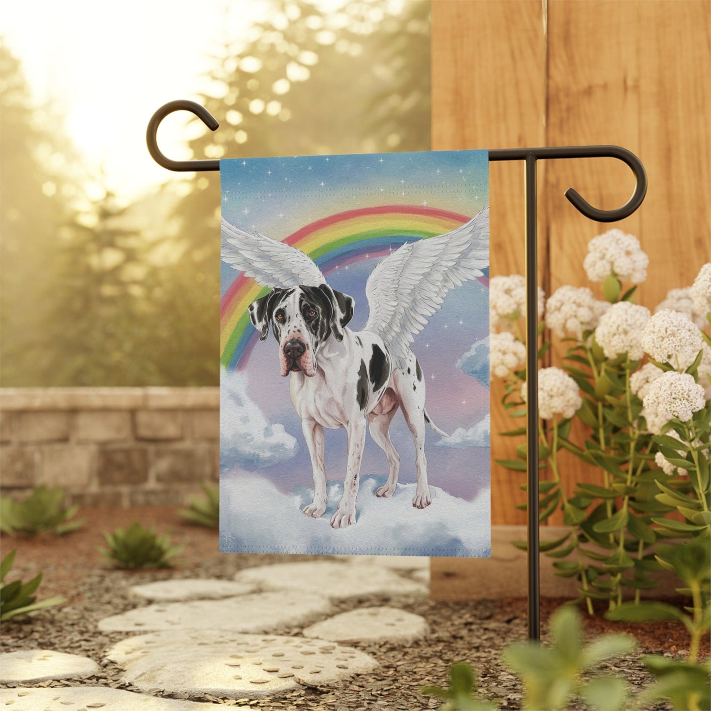 Printify Home Decor Rainbow Bridge Harlequin Great Dane, Loss of Pet Garden Flag, Yard Spring Decor, Grieving Dog Memorial