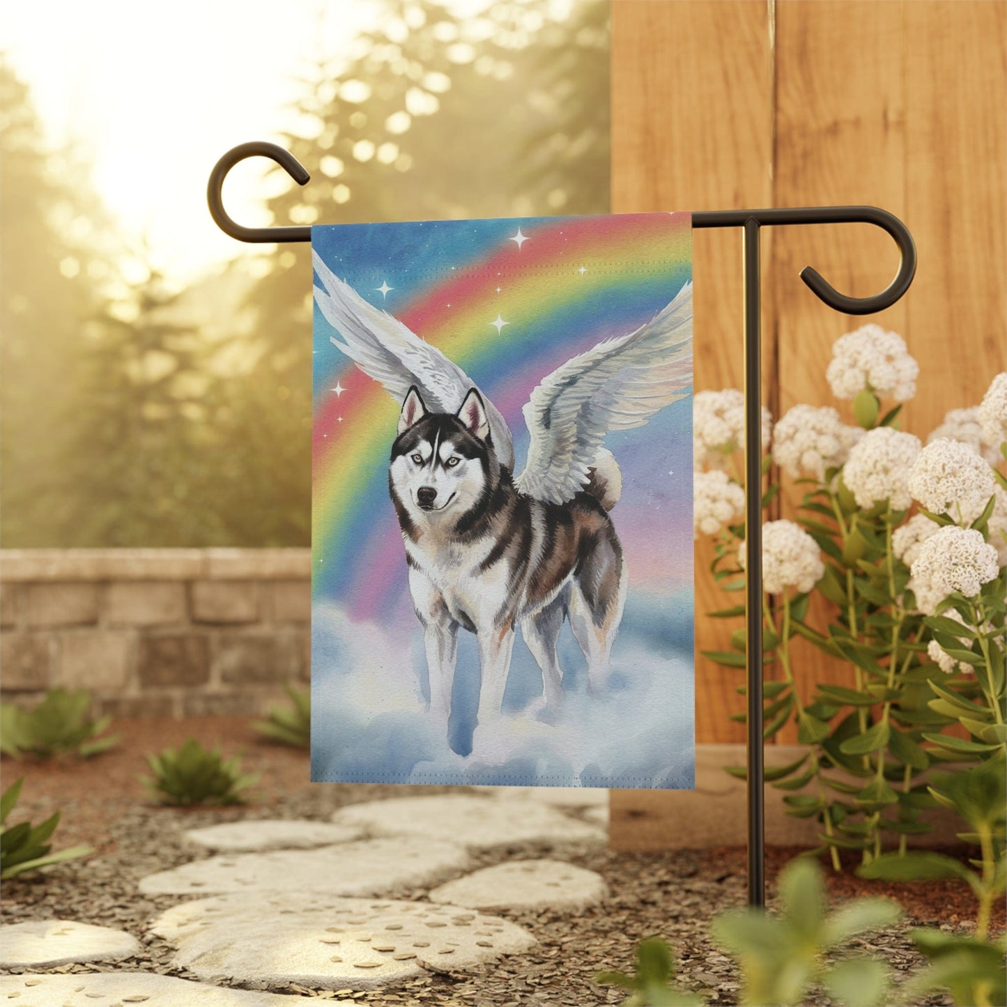 Printify Home Decor Rainbow Bridge Husky, Dog Portrait Garden Flag, Yard Spring Decor, Housewarming Grieving Pet Loss